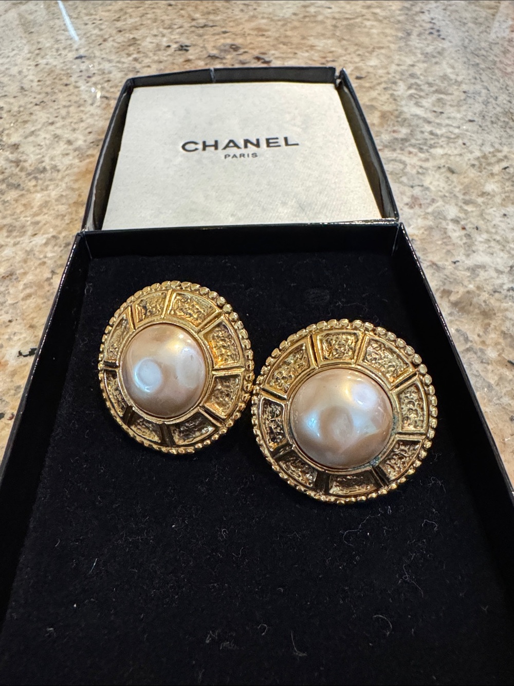 CHANEL Gold and Pearl Round Medallion Button Earrings